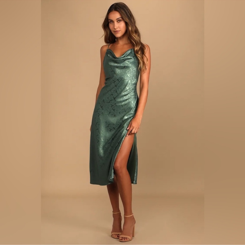 Lulu’s Forest Green Jacquard You’re My Type Cowl Neck Slit Midi Dress